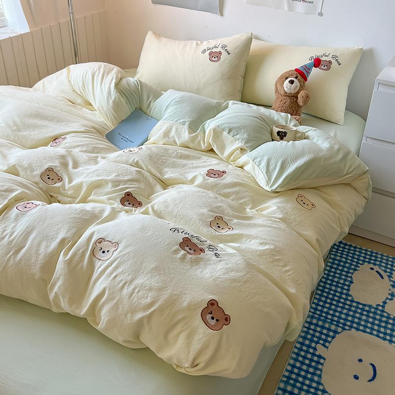 New bed four-piece set cartoon embroidery design student dormitory bed sheet quilt cover three-piece set machine washable