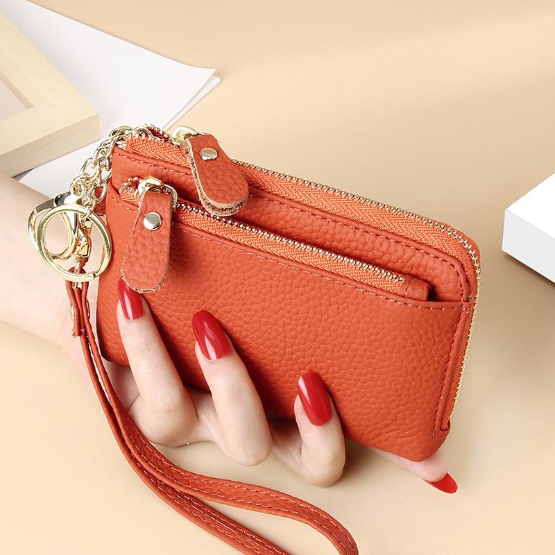 Women's Genuine Leather Mini Wallet Multi-Card Slots Coin Pouch with Keychain Handheld Zip Change Purse Stylish Compact Daily Accessory for Ladies