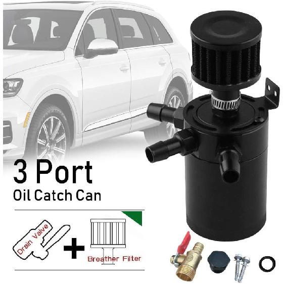 Universal 150Ml Car Oil Catch Can Kit Reservoir Tank, Compact Baffled 3-Port Oil Separator 2 Inlets 1 Outlet Black With Breather Filter + Drain Valve
