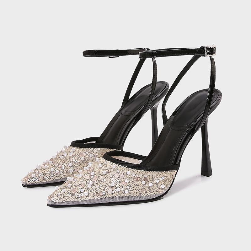 Shiny Mesh Slingback High Heels Women Party Wedding Shoes Sequins Pearl Pointed Toe Stiletto Elegant Female Dress Pumps