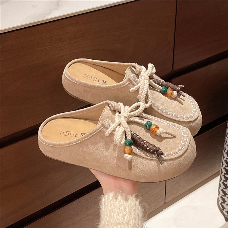 Fashion Autumn New Retro Baotou Flat Slippers Women's Round Toe Deep Mouth Platform Suede Front Lace-up Soft Slip Slides Women Slippers