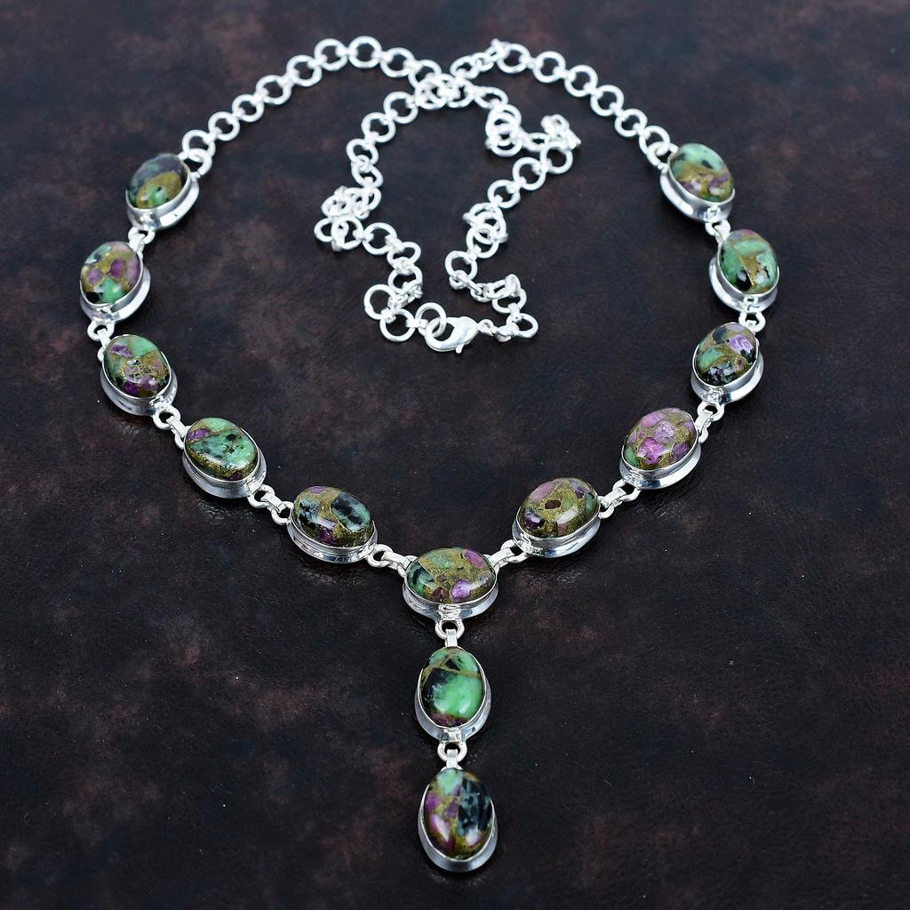 Copper Ruby Zoisite Necklace Gemstone Jewelry 925 Sterling Silver Adjustable Chain Necklace Handmade Necklace Gift for Wife Designer Jewelry