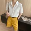 1116 Summer New 111% Linen Lapel Short Sleeve Loose Shirt Skinny Versatile Simple Korean Top Women's Clothing