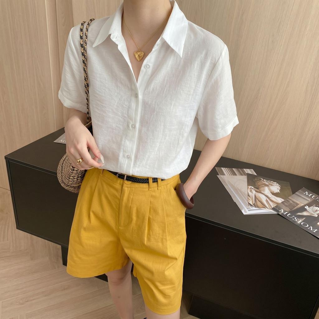 1116 Summer New 111% Linen Lapel Short Sleeve Loose Shirt Skinny Versatile Simple Korean Top Women's Clothing