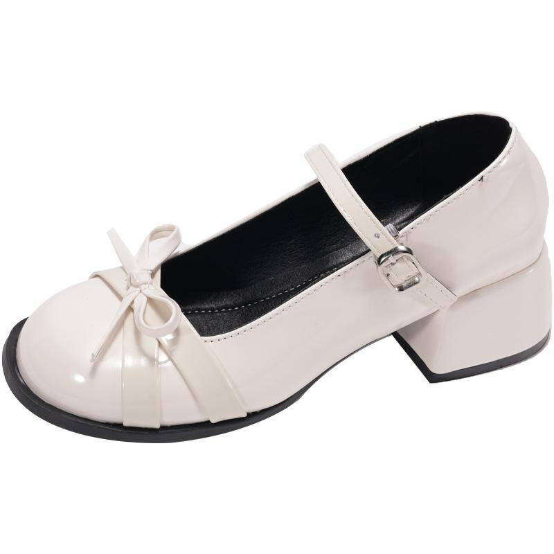 

Туфли Мэри Джейн женские на высоком каблуке весна 2025 новые черные лакированная кожа круглая голова маленькие кожаные туфли легкий вырез средняя толщина каблука одиночные туфли 35