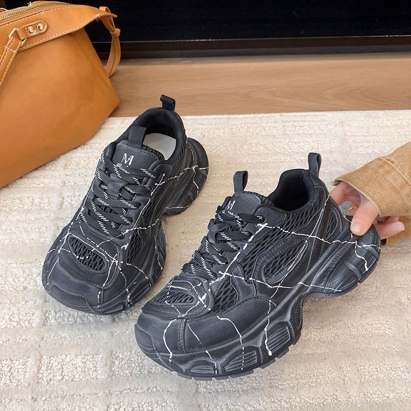 Colorblock Sneakers Autumn New Round Toe Deep Mouth Front Lace-Up Mesh Breathable Platform Non-Slip Sneakers