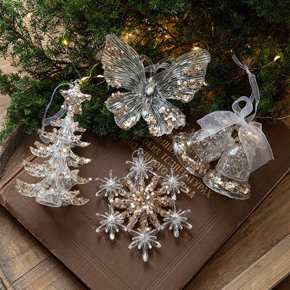 Christmas Tree Hanging Decoration Acrylic Transparent Snowflake Elk Angel Doll Bell Pendant New Year Party Home Decor Kids Toy