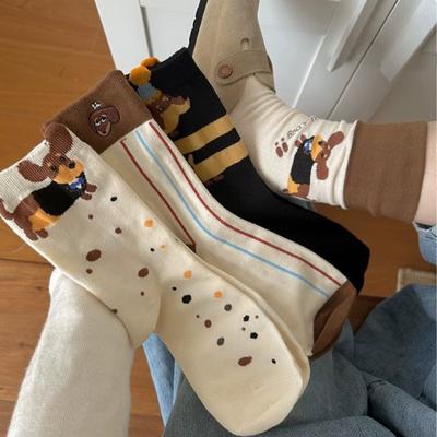 Autumn and Winter Versatile Three-dimensional Cartoon Socks for Women, Pure Cotton Colorful Dot Striped Fringed Dachshund Mid-calf Socks In Trend