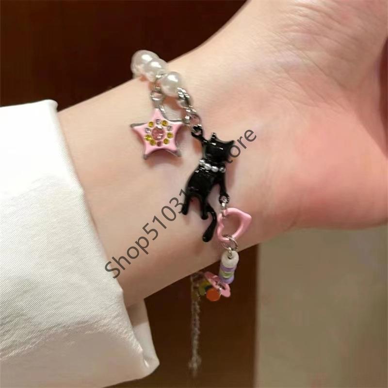 X6HE Unique Black Cats Star Pearls Bracelet Adjustable Length Y2K Inspired Pearls Charm Wrist Chain Jewelry For Teen Girls