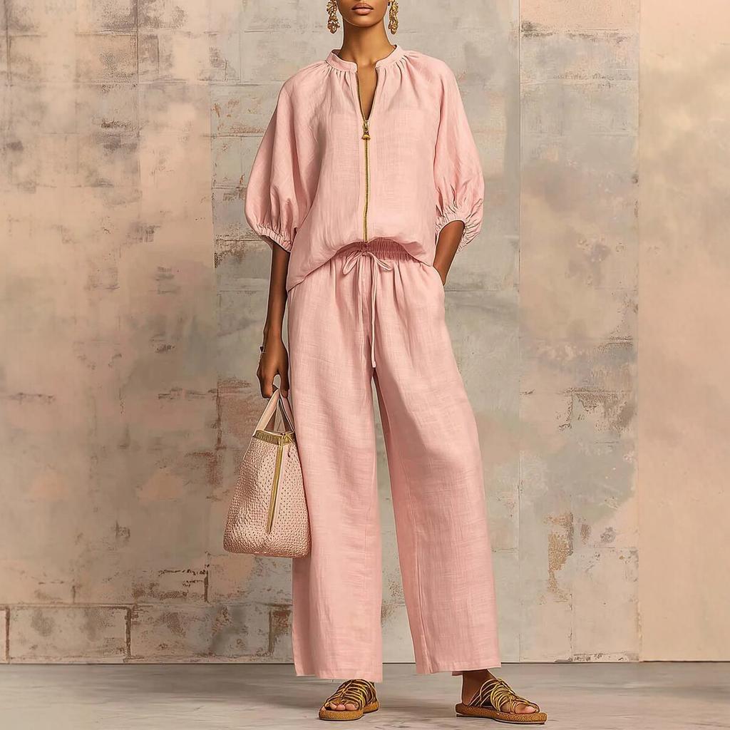Women's Pink Short Sleeve V-Neck Zipper Front Drawstring Waist Wide Leg Pants Set