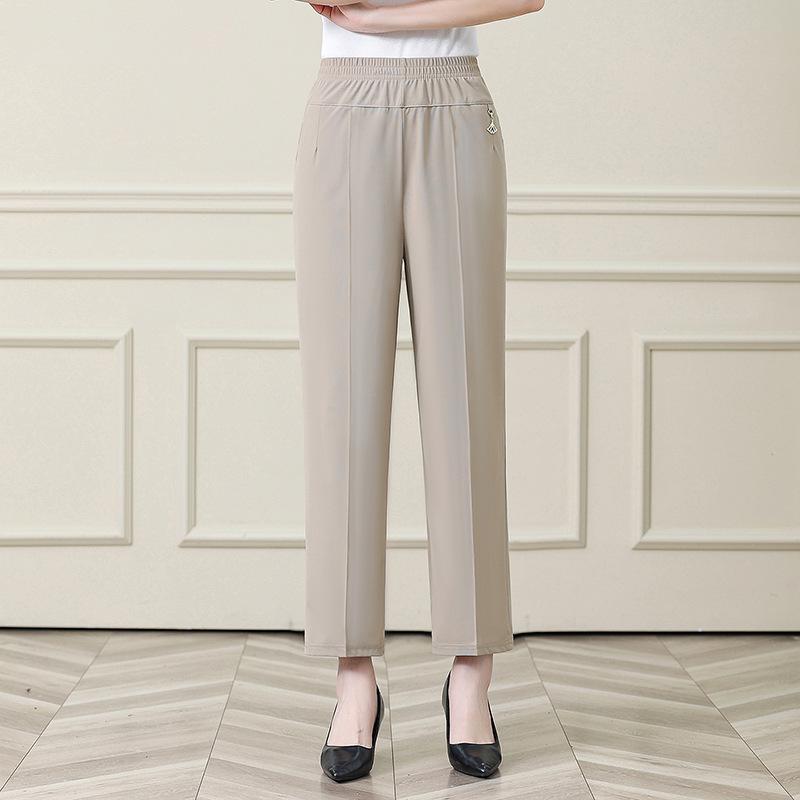 Summer Ice Silk Elastic Waist Pants for Middle-aged Women: Stretchy, Straight-leg Casual Wear for Comfort.