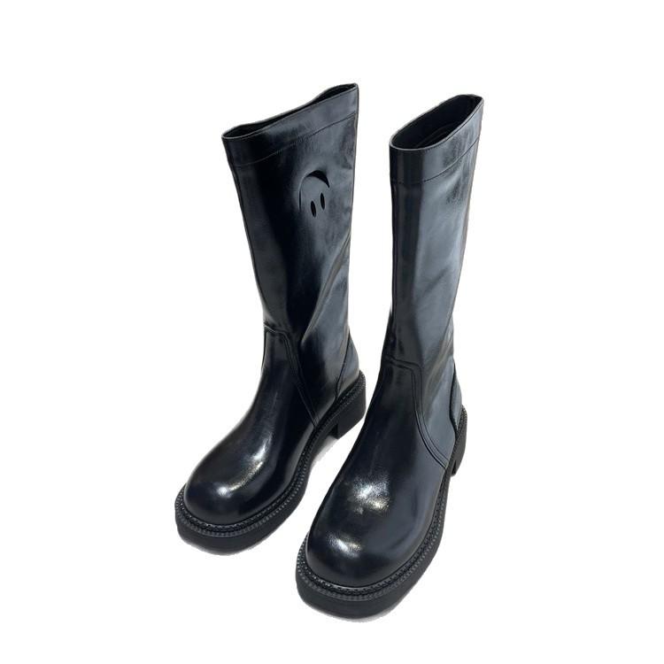 Sheepskin Version~ Fat Mm Thick Legs Leather Smiley Face Medium Boots Women's Wide Tube Thick Sole Martin Boots Knight Short Boots Western Boots