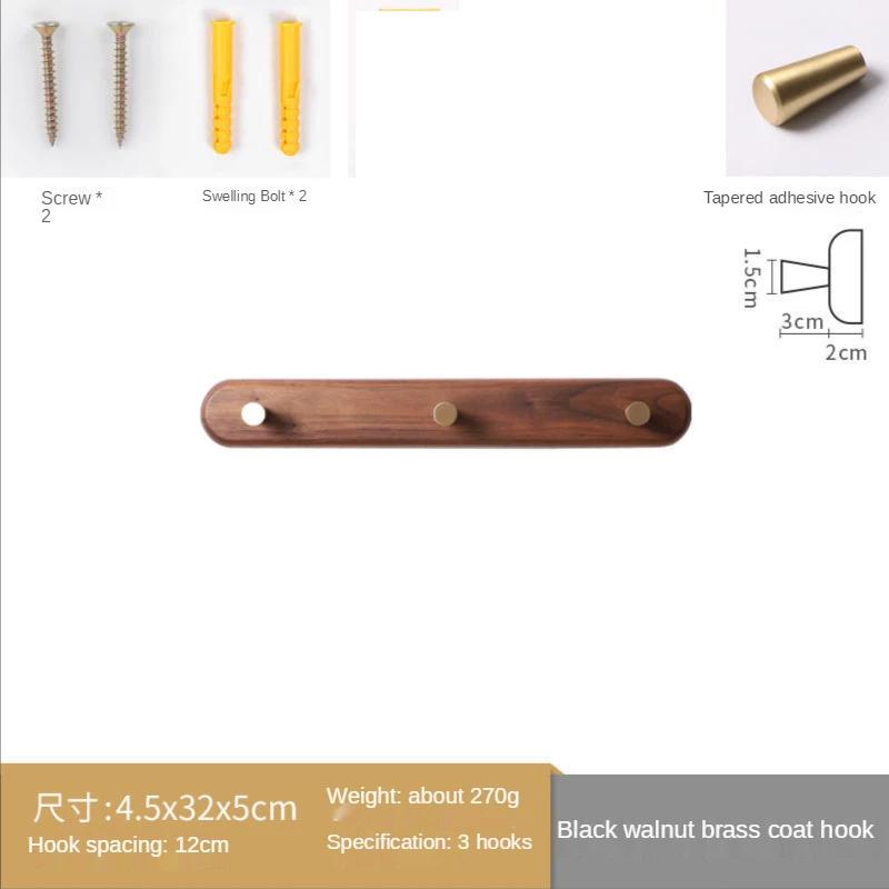 1pc Solid Wood Brass Coat Hook, Black Walnut Wood Coat Hanger, Clothing Hooks,Wall Mounted Storage Rack Drilling Installation