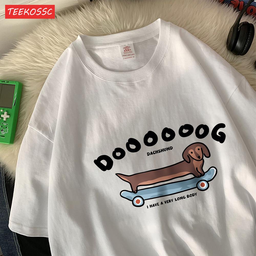 A Long Dog Is Paddling A Long Skateboardcotton Women TShirts Cartoons Prints Tops ONeck Soft Oversize T Shirt Summer Clothes