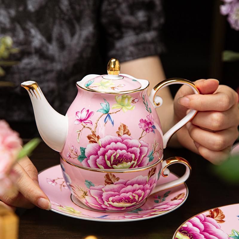 Creative Bone China Flower Tea Cup Pot One Person Set High Value Ceramic Tea Pot Cup Saucer Tea Pot For Noble Gifts