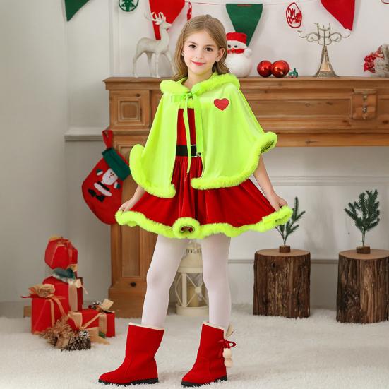 Dívčí vánoční plášťové šaty s kožešinovou lemovkou Červený sváteční vystupovací kostým pro batolata 1-6 let Párty šaty Tematický outfit