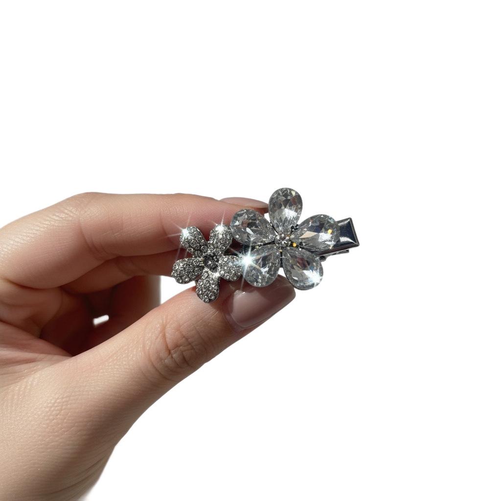 Korean Vintage Crystal Black Rhinestone Flower Hair Clip for Women's Bangs