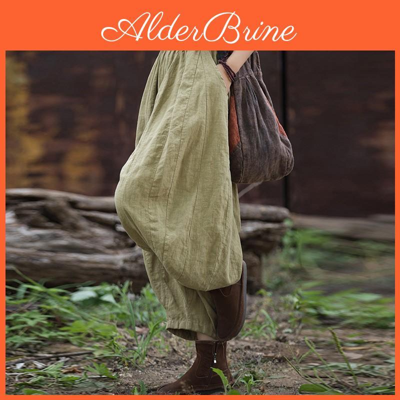Vintage Bloomers Women Pants Johnature Solid Color Loose Summer Elastic Waist Pockets Women Patchwork Anklelength Pants