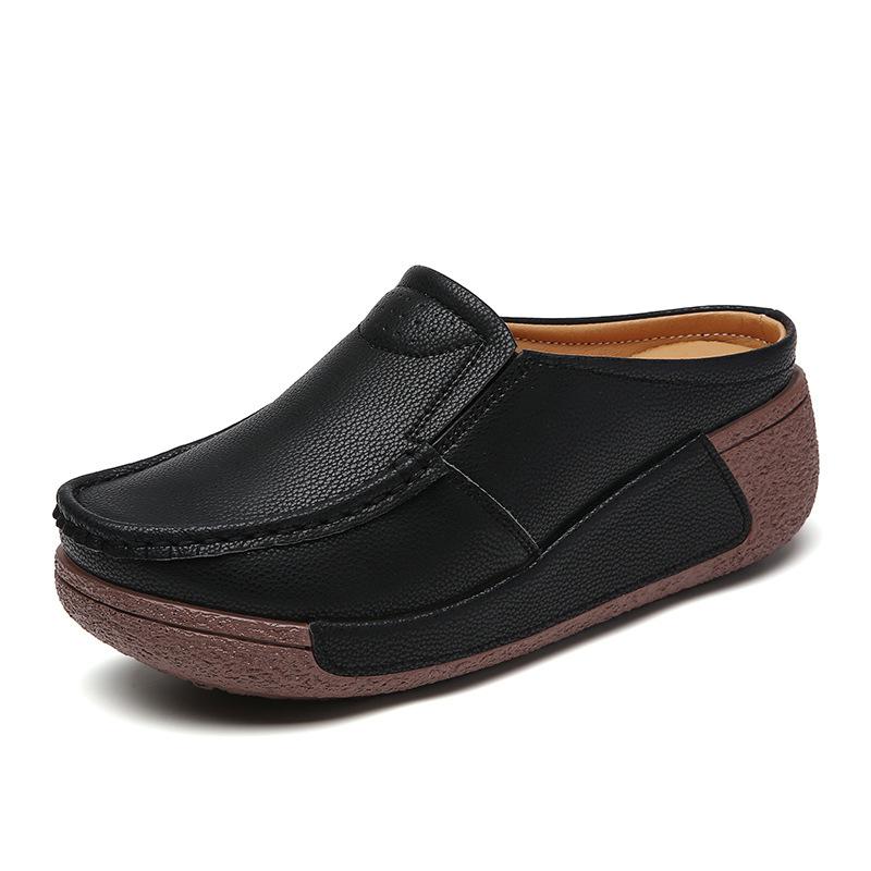 New Women Leisure Shoes Comfort Leather Round-toe Half Slippers Mother Sandals Fashion Thick Soled Slip-on Platform Shoes