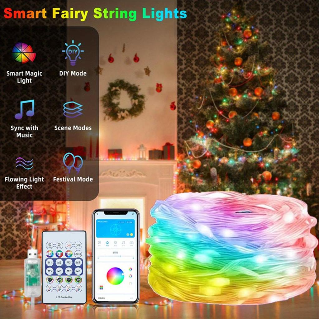 WS2812B RGB LED Fairy String Lights Smart IC Addressable Dreamcolor Strip with APP Remote Control for DIY Garden Party Christmas Decor