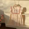 Girls Summer Strawberry Embroidered Dress Sweet Round Neck Flutter Sleeve Baby Dress Cute Casual Party Outfit For Kids