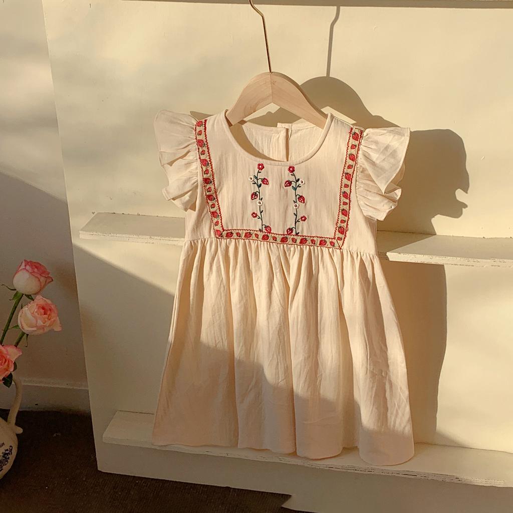 Girls Summer Strawberry Embroidered Dress Sweet Round Neck Flutter Sleeve Baby Dress Cute Casual Party Outfit For Kids