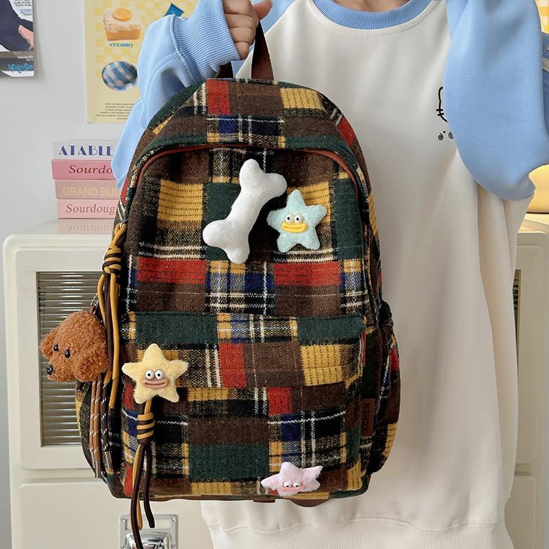 Schoolbag Retro Plaid Backpack Women's Large Capacity Leisure Travel Fashion Bag Versatile Backpack High Value Student School Bag