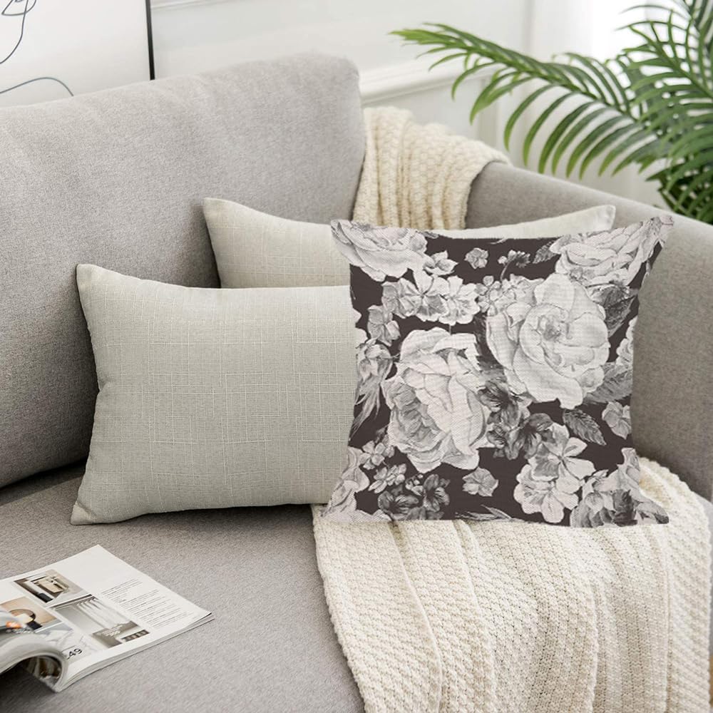 1Pc Black & White Floral Cushion Cover, Vintage Watercolor Rose Print Throw Pillow Case, Elegant Home Decor For Sofa Bedroom