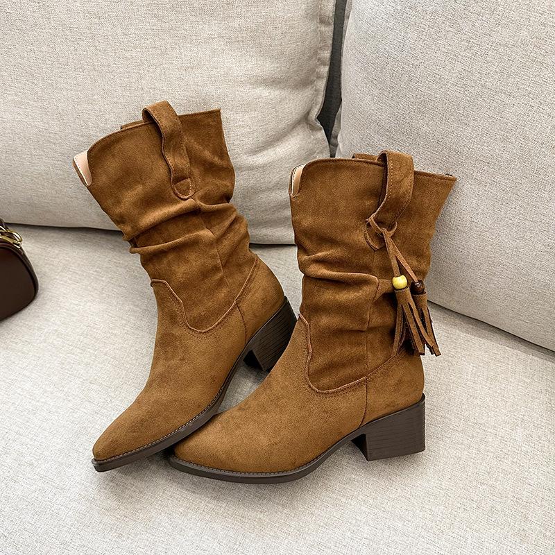 2025 autumn and winter new retro suede thick heel western boots Martin boots women's boots comfortable and versatile stacking boots