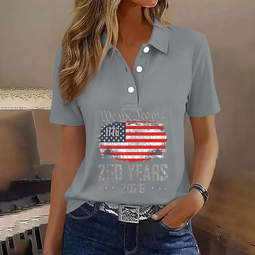 Damen Freizeit Kurzarm Hemd mit Knöpfen 250. Jubiläum Grafikdruck Polo Top für Unabhängigkeitstag Feier 2026 Gedenk-T-Shirt