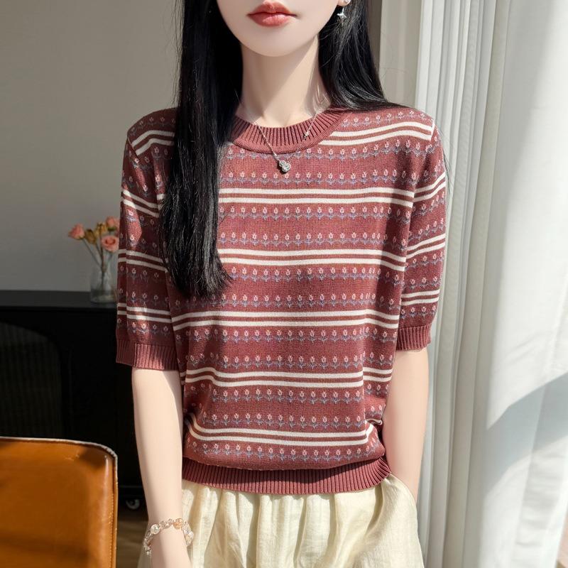 French Contrasting Flower Stripe Crew Neck Short Sleeve T-Shirt Women's Thin Loose Lyocell Tencel Knitted Sweater Top