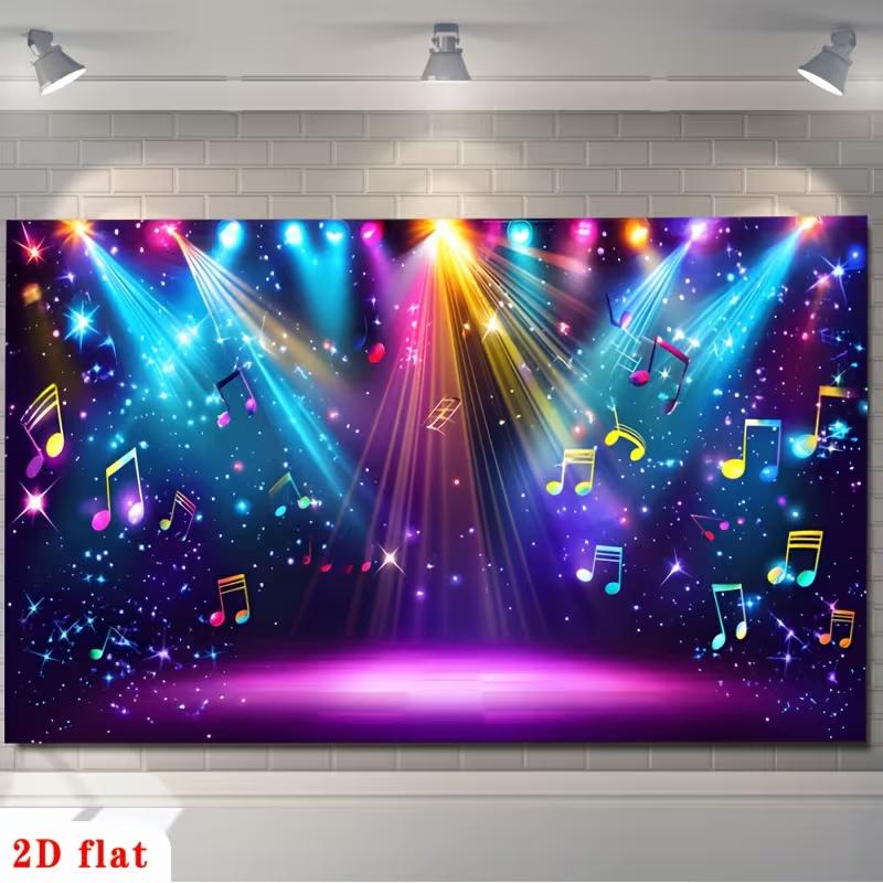 Sfondo Colorato con Spotlight da Palco e Note Musicali per Feste