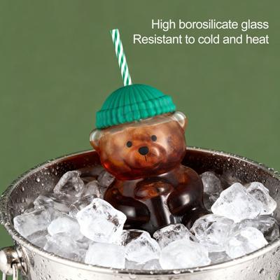 Bear Shape Sippy Cup with Straw Lid 500ml Heat-Resistant Glass Tumbler Reusable Cold Cup for Iced Coffee Milk Tea Juice