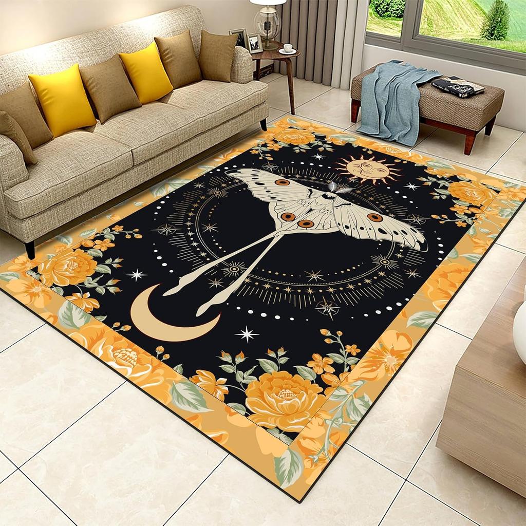 Black Celestial Moon and Stars Pattern Area Rug Phases of The Moon Decor Carpet Modern Astronomy Themed Non-Slip Living Room Rug