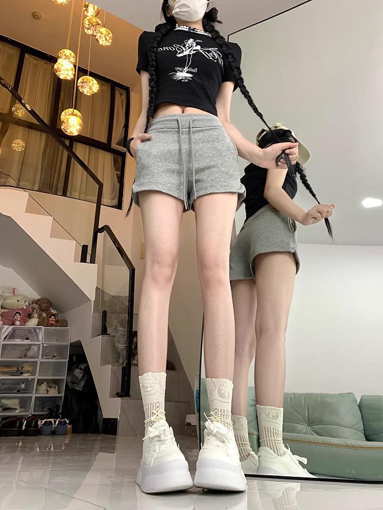 2025 Women's Summer High Waist Slimming Loose Straight-Leg Drawstring Shorts - Black Casual Versatile Sportswear