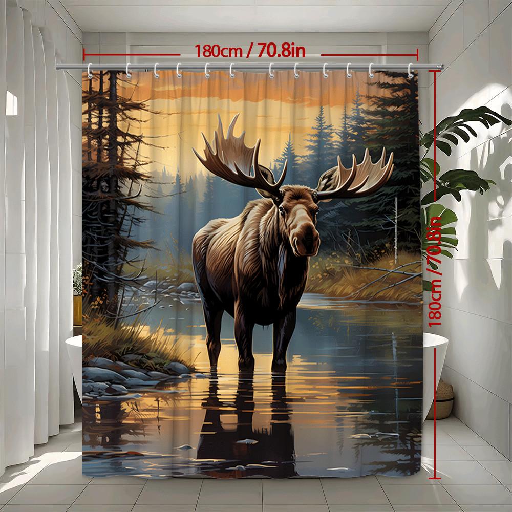 Moose In Forest Shower Curtain Wildlife Scene Sunset Lake Nature Art Decor Rustic Bathroom Design Waterproof Simple Installation
