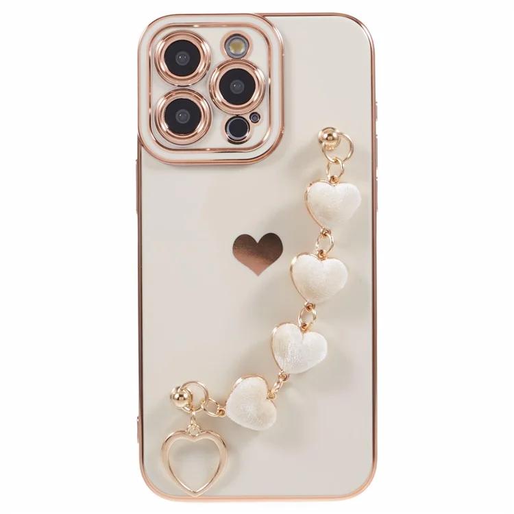 

For iPhone 12 Pro TPU Case Electroplating Protective Phone Cover with Heart Chain Strap
