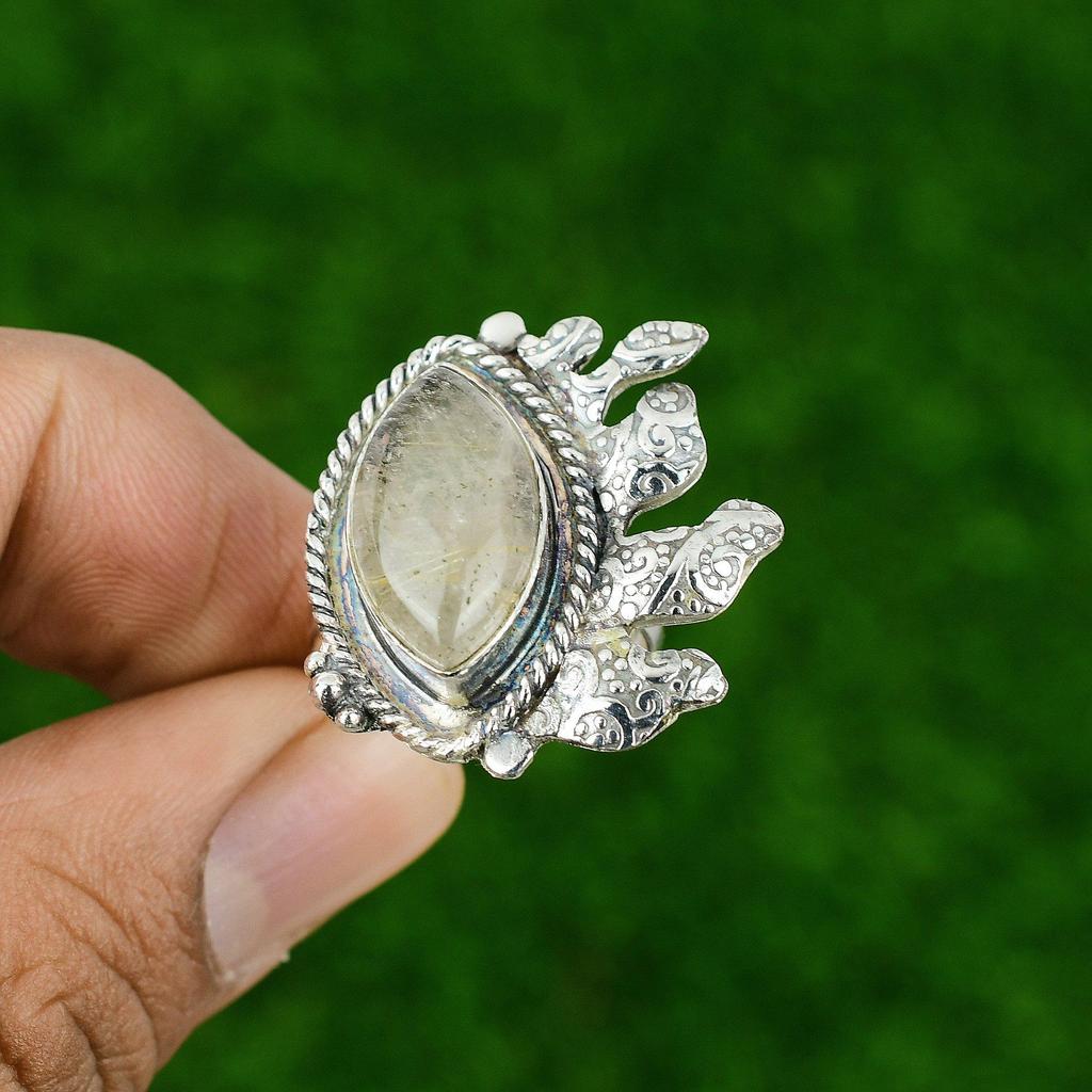 Natural Golden Rutile Gemstone Statement Gold Adjustable Ring 925 Silver