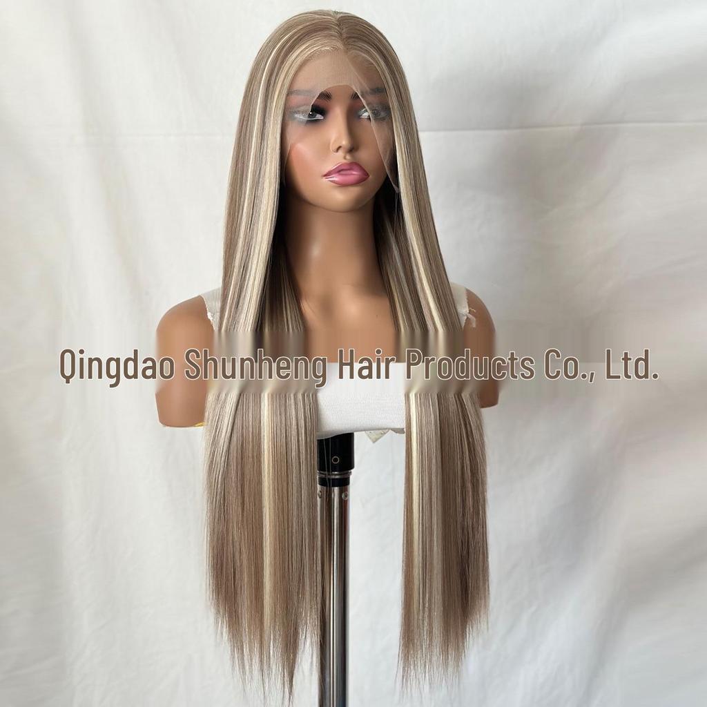 European & American Women's Front Lace Wig, Long Hair, Brown with Golden Highlights, COS, High-Temp Fiber, Matte Finish.