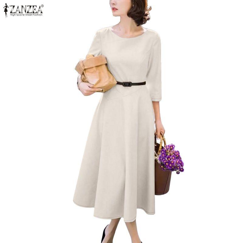 ZANZEA Abito casual da donna a maniche 3/4 e girocollo a tinta unita