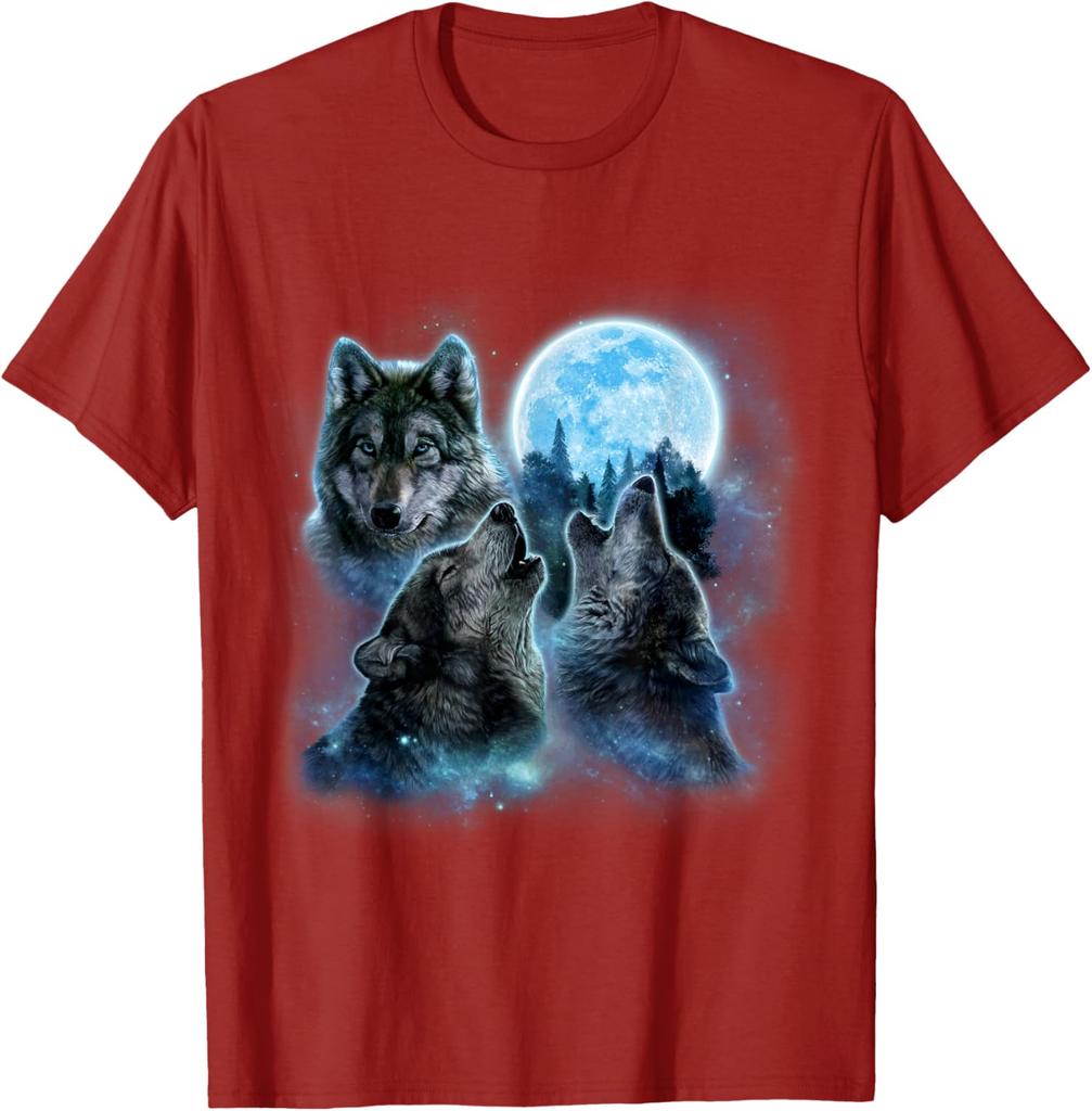 Three Wolves Howling Blue Full Moon Graphic Tee Breathable Cotton Casual T-Shirt for Men