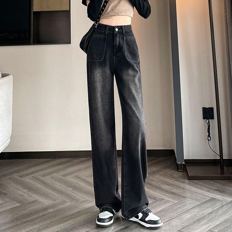 

Cement Gray High-Waisted Plus Velvet Petite Straight-Leg Jeans for Autumn/Winter 2XL