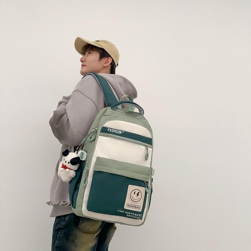 Retro Workwear Style Large Capacity Backpack Women Korean Version High School Students Color-blocking Trendy Shoulder Bag Men Travel Backpack