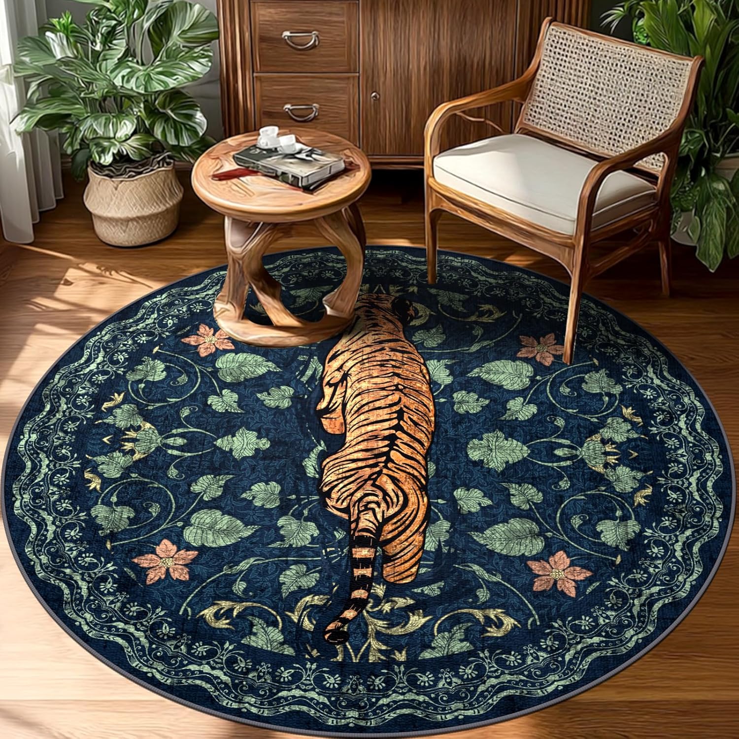 Blue Navy Tiger Back View Round Rug Ornate Floral Vine Pattern for Boho Decor 60cmx60cm
