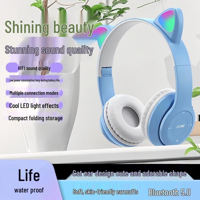 Bluetooth Katzenohren Drahtlose Stereo Gaming Kopfhörer P47M, Geringe Latenz, Sport-Stil