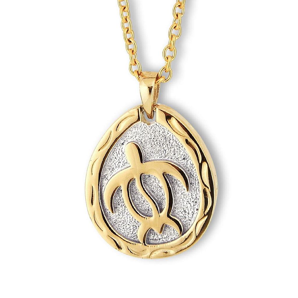 (Aloha Lokahi) Hawaiian Jewelry Necklace, Surgical Stainless Steel, Honu (Sea Turtle), Yellow Gold, Figaro Chain (2mm Stainless Steel Width)
