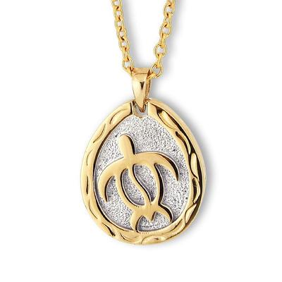 (Aloha Lokahi) Hawaiian Jewelry Necklace, Surgical Stainless Steel, Honu (Sea Turtle), Yellow Gold, Figaro Chain (2mm Stainless Steel Width)