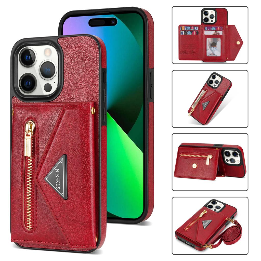 N.BEKUS For iPhone 16 Pro Max Leather Zipper Case Card Holder Phone Cover with Shoulder Strap