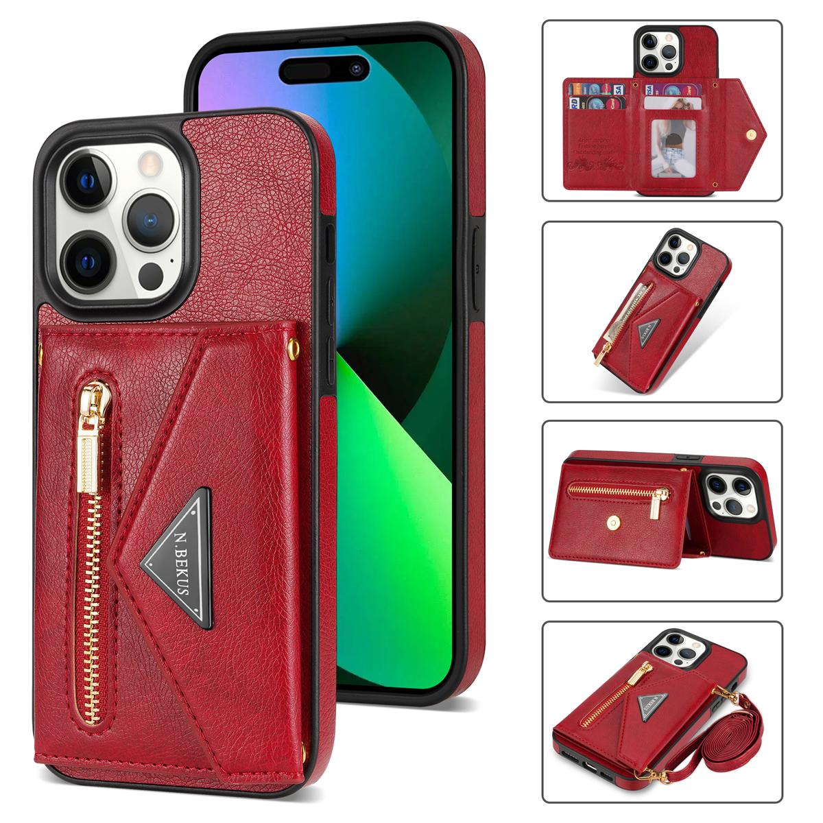 

N.BEKUS For iPhone 16 Pro Max Leather Zipper Case Card Holder Phone Cover with Shoulder Strap Red