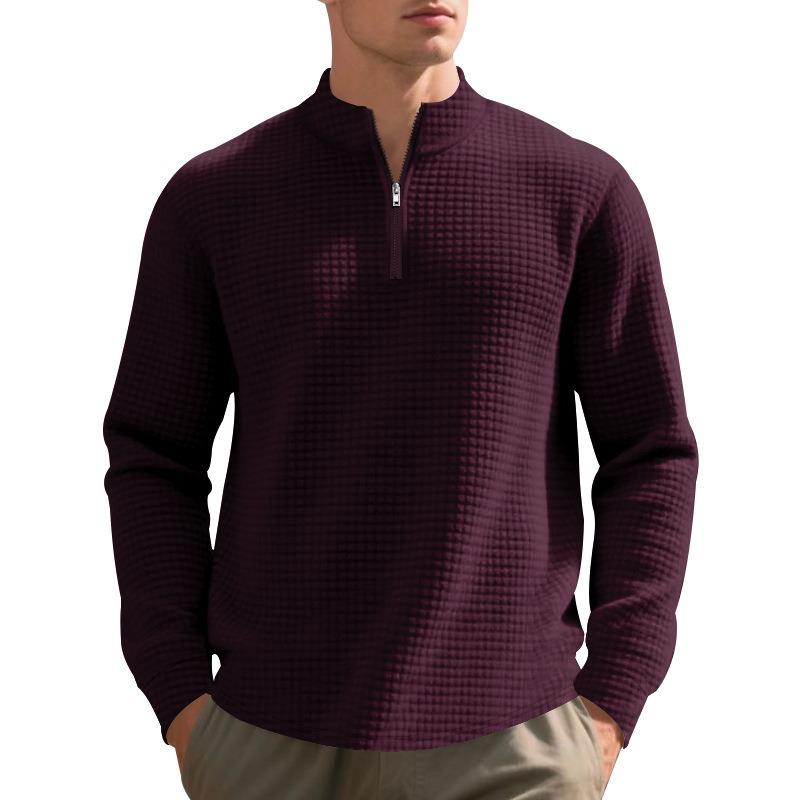 Men's Fashion Quarter Zip Small Plaid Sweatshirt, Stand Collar Long Sleeve Pullover for Spring Fall